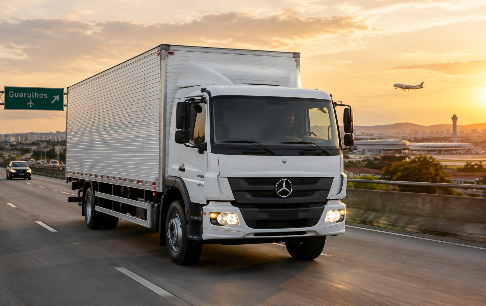 Caminhão baú da JGiestal Transportes em rodovia de Guarulhos